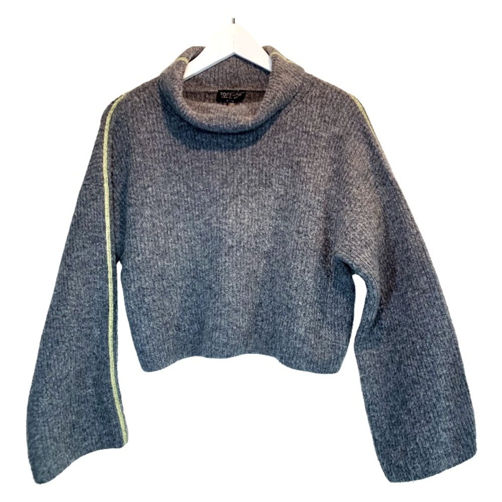 Topshop size 2 ribbed knit grey with yellow stripe crop top sweater.